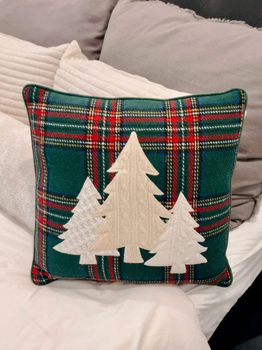 Kirklands Holiday Green Plaid Throw Pillow with Cream Tree Appliqués